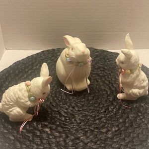 Set of 3 White Ceramic Bunny Figurines with Pastel Floral necklaces